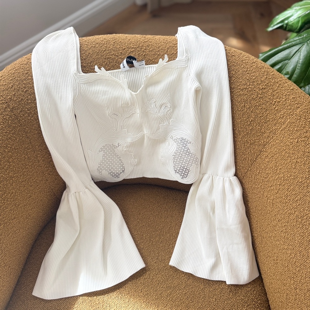 Self-Portrait White Ribbed Embroidered Crop Top